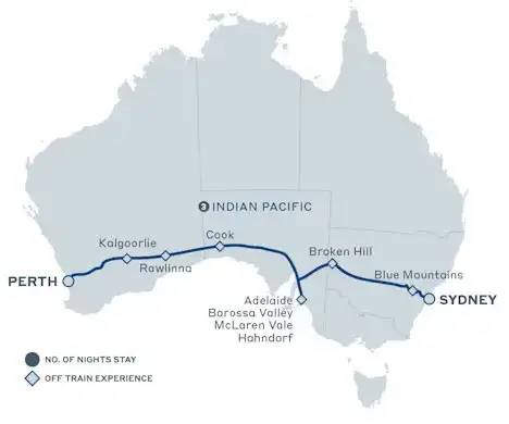 Map of the Indian Pacific route.  The distance is 4,352 kilometers, the journey takes three nights and four days.